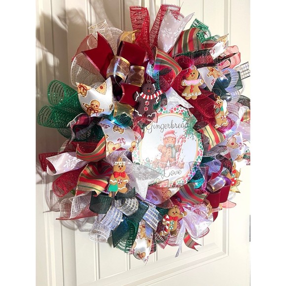 Handmade Gingerbread Love Christmas Holiday Ribbon Door Wreath 22 ins W56 - Picture 4 of 13